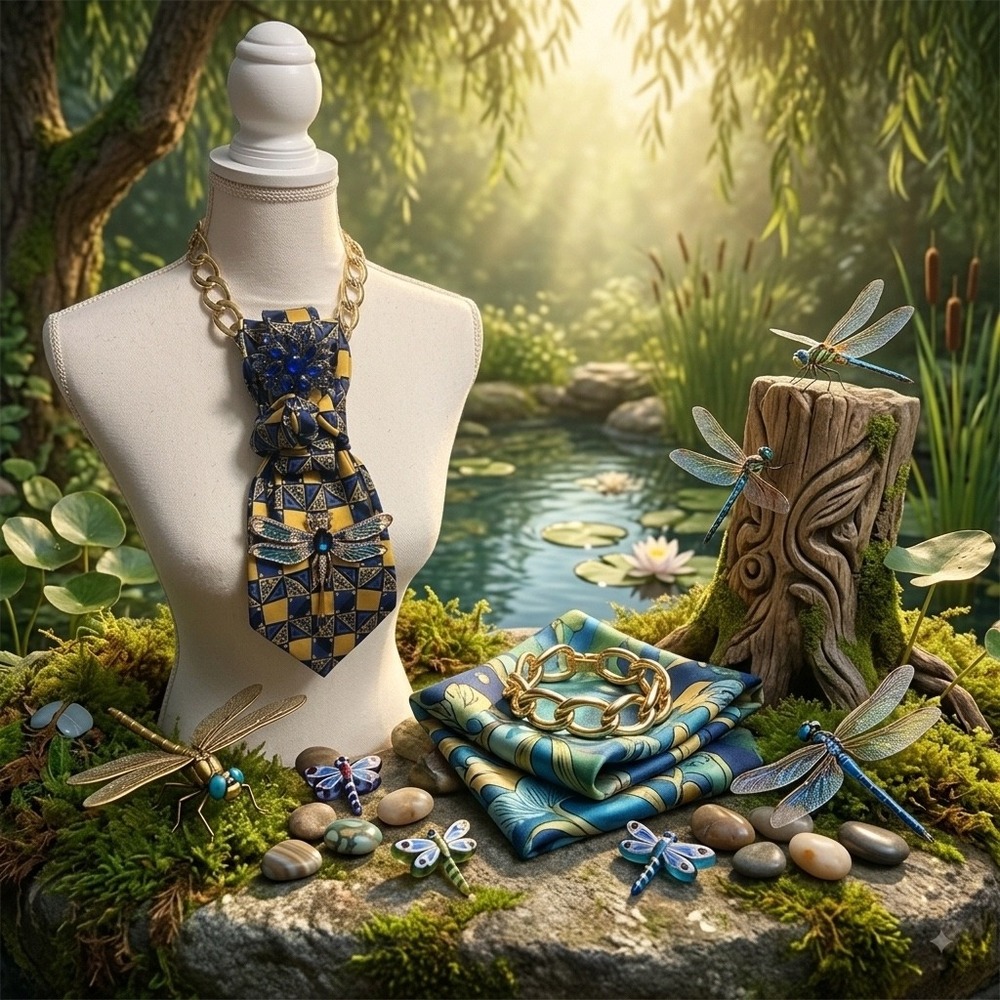 Henry Grethel Repurposed Silk Tie Necklace Set Dragonfly Brooch Gold Tone Chain - Picture 4 of 9